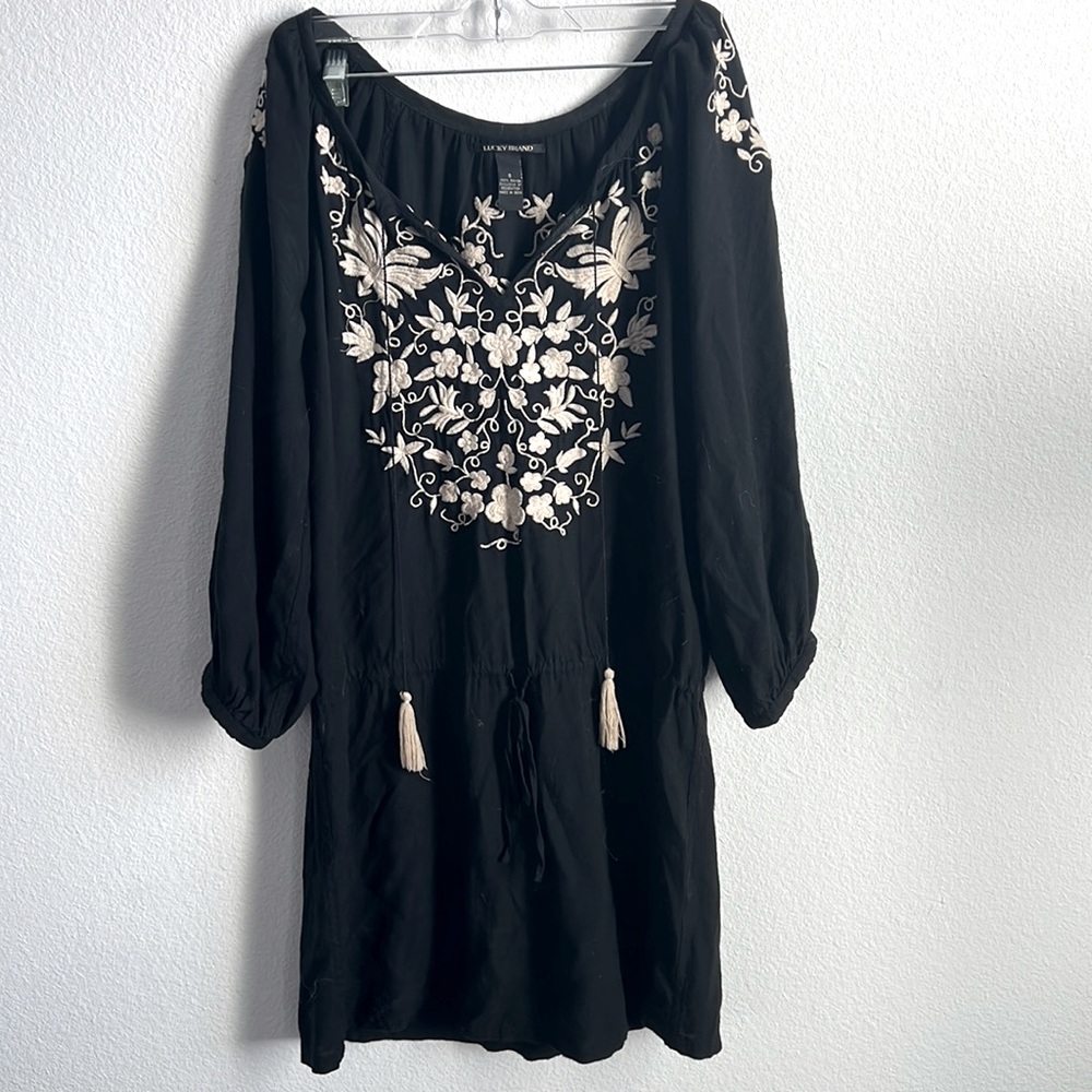 LUCKY BRAND BLACK/TAN DRAWSTRING DRESS, MIDLENGTH